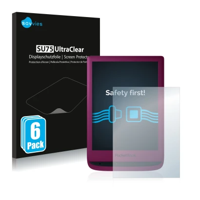 Front side of a product packaging with the brand logo Savvies. Next to it is the device PocketBook Touch Lux 5 shown with the 