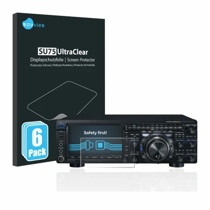 Front side of a product packaging with the brand logo Savvies. Next to it is the device Yaesu FT-DX101D shown with the corresp