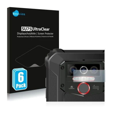 Front side of a product packaging with the brand logo Savvies. Next to it is the device Oukitel WP5 Pro (ONLY Camera Lens) sho