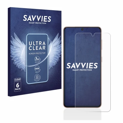 Front side of a product packaging with the brand logo Savvies. Next to it is the device Samsung Galaxy S21 5G shown with the c