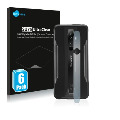 Front side of a product packaging with the brand logo Savvies. Next to it is the device Blackview BV6300 Pro (ONLY Camera Lens