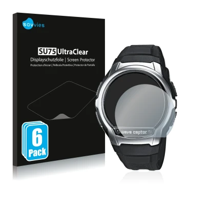 Front side of a product packaging with the brand logo Savvies. Next to it is the device Casio Wave Ceptor WV-58 shown with the