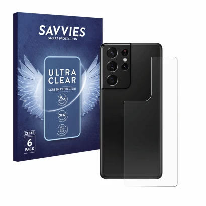Front side of a product packaging with the brand logo Savvies. Next to it is the device Samsung Galaxy S21 Ultra 5G (Back) sho