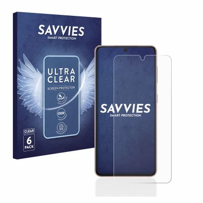 Front side of a product packaging with the brand logo Savvies. Next to it is the device Samsung Galaxy S21 shown with the corr