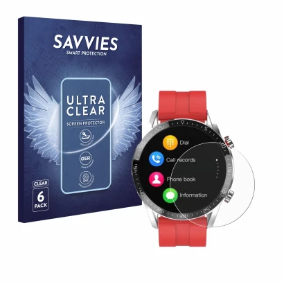 Front side of a product packaging with the brand logo Savvies. Next to it is the device Gentleman Smartwatch shown with the co