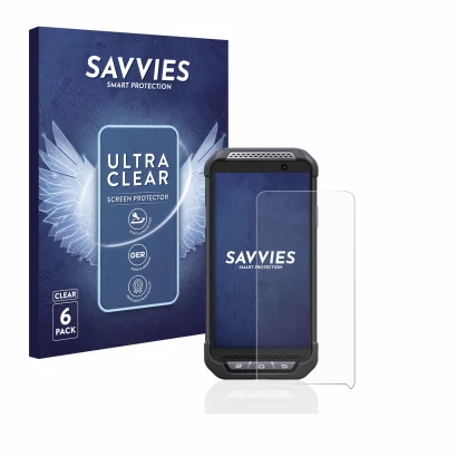 Front side of a product packaging with the brand logo Savvies. Next to it is the device Point Mobile PM85 shown with the corre