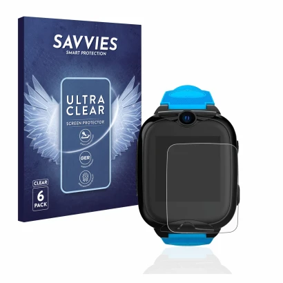Front side of a product packaging with the brand logo Savvies. Next to it is the device Xplora XGO2 shown with the correspondi