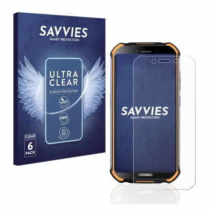 Front side of a product packaging with the brand logo Savvies. Next to it is the device Doogee S40 Pro shown with the correspo
