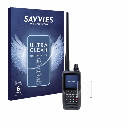 Front side of a product packaging with the brand logo Savvies. Next to it is the device Yaesu FTA-550 shown with the correspon