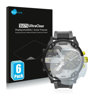 Front side of a product packaging with the brand logo Savvies. Next to it is the device Diesel DZ7422 Mr. Daddy 2.0 shown with