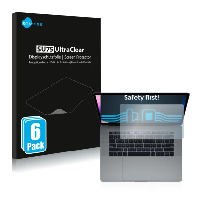Front side of a product packaging with the brand logo Savvies. Next to it is the device Apple MacBook Pro 15" 2019 (Touch Trac
