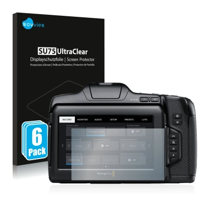 Front side of a product packaging with the brand logo Savvies. Next to it is the device Blackmagic Pocket Cinema Camera 6K Pro