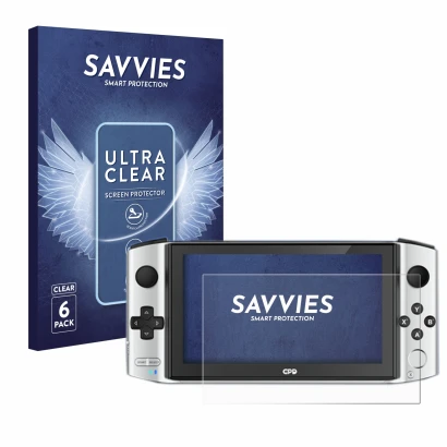 Front side of a product packaging with the brand logo Savvies. Next to it is the device GPD Win 3 shown with the corresponding
