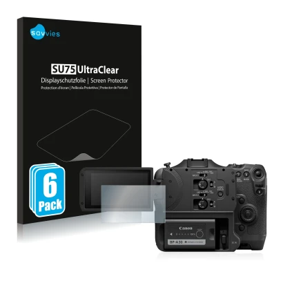 Front side of a product packaging with the brand logo Savvies. Next to it is the device Canon EOS C70 shown with the correspon