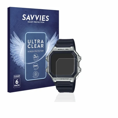 Front side of a product packaging with the brand logo Savvies. Next to it is the device Casio AE-1200WH shown with the corresp