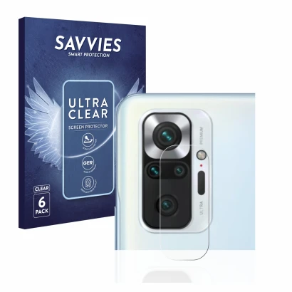 Front side of a product packaging with the brand logo Savvies. Next to it is the device Xiaomi Redmi Note 10S (ONLY Camera Len