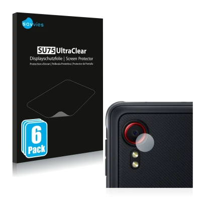 Front side of a product packaging with the brand logo Savvies. Next to it is the device Samsung Galaxy XCover 5 (ONLY Camera L