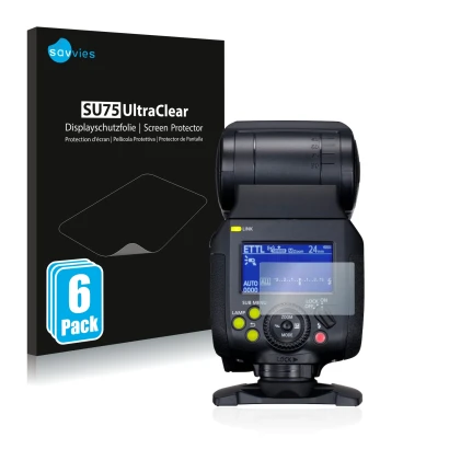 Front side of a product packaging with the brand logo Savvies. Next to it is the device Canon Speedlite EL-1 shown with the co