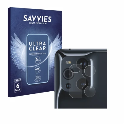 Front side of a product packaging with the brand logo Savvies. Next to it is the device Oppo Find X3 Pro (ONLY Camera Lens) sh