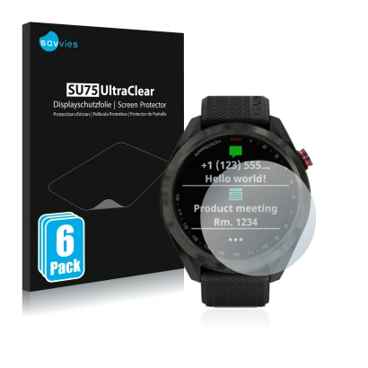 Front side of a product packaging with the brand logo Savvies. Next to it is the device Garmin Approach S42 shown with the cor