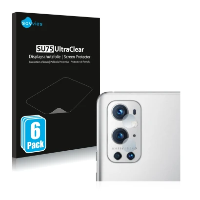 Front side of a product packaging with the brand logo Savvies. Next to it is the device OnePlus 9 Pro (ONLY Camera Lens) shown