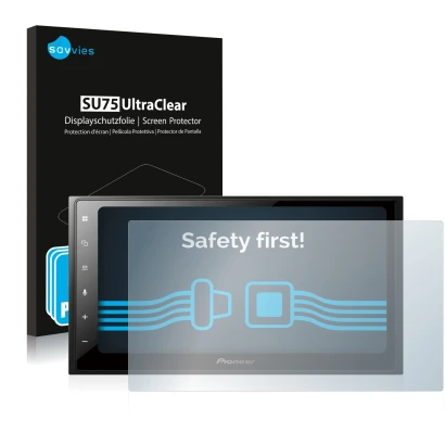 Front side of a product packaging with the brand logo Savvies. Next to it is the device Pioneer SPH-DA250DAB shown with the co