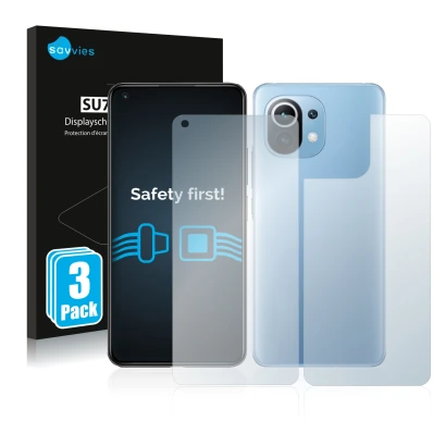 Front side of a product packaging with the brand logo Savvies. Next to it is the device Xiaomi Mi 11 Lite 5G (Front+Back) show
