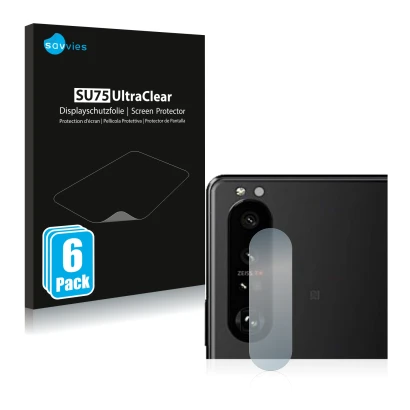 Front side of a product packaging with the brand logo Savvies. Next to it is the device Sony Xperia 5 III (ONLY Camera Lens) s