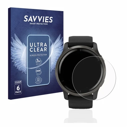 Front side of a product packaging with the brand logo Savvies. Next to it is the device Garmin Venu 2 shown with the correspon