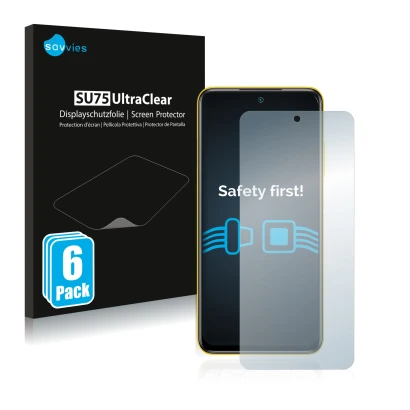 Front side of a product packaging with the brand logo Savvies. Next to it is the device Xiaomi Poco M3 Pro 5G shown with the c