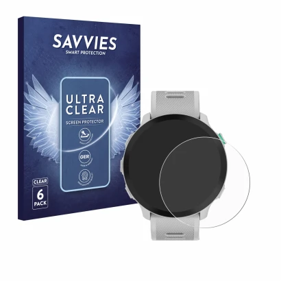 Front side of a product packaging with the brand logo Savvies. Next to it is the device Garmin Forerunner 55 shown with the co