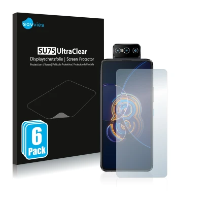 Front side of a product packaging with the brand logo Savvies. Next to it is the device ASUS ZenFone 8 Flip shown with the cor