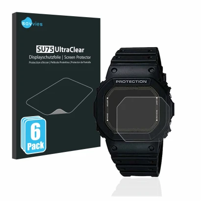 Front side of a product packaging with the brand logo Savvies. Next to it is the device Casio G-Shock GW-5000-1JF shown with t