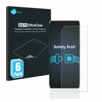Front side of a product packaging with the brand logo Savvies. Next to it is the device Oppo Reno 6 Pro Plus 5G shown with the