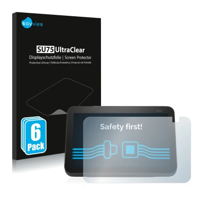 Front side of a product packaging with the brand logo Savvies. Next to it is the device Amazon Echo Show 8 2021 (2nd Gen.) sho