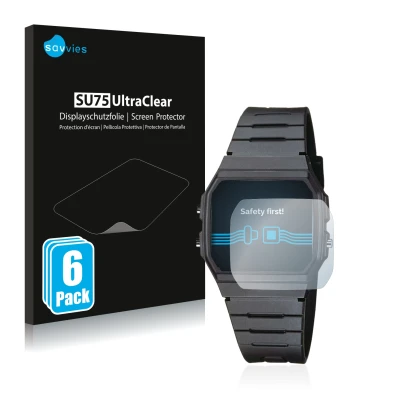 Front side of a product packaging with the brand logo Savvies. Next to it is the device Casio Collection Unisex F-91W shown wi