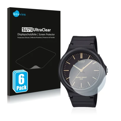 Front side of a product packaging with the brand logo Savvies. Next to it is the device Casio Unisex MW-240 shown with the cor