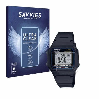 Front side of a product packaging with the brand logo Savvies. Next to it is the device Casio Unisex W-800H-1BVES shown with t