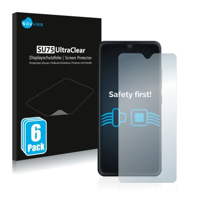Front side of a product packaging with the brand logo Savvies. Next to it is the device Cubot Note 7 shown with the correspond