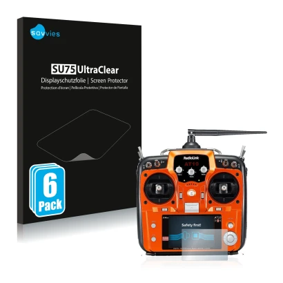 Front side of a product packaging with the brand logo Savvies. Next to it is the device RadioLink AT10II shown with the corres