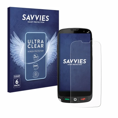 Front side of a product packaging with the brand logo Savvies. Next to it is the device Brondi Amico XS shown with the corresp