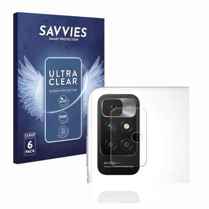 Front side of a product packaging with the brand logo Savvies. Next to it is the device Xiaomi Redmi 10 (ONLY Camera Lens) sho