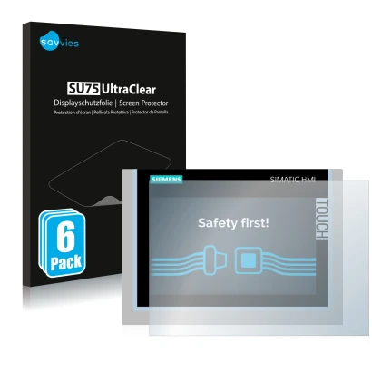 Front side of a product packaging with the brand logo Savvies. Next to it is the device Siemens Simatic HMI TP700 Comfort show