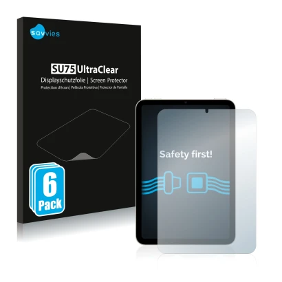 Front side of a product packaging with the brand logo Savvies. Next to it is the device Apple iPad Mini 6 2021 shown with the 