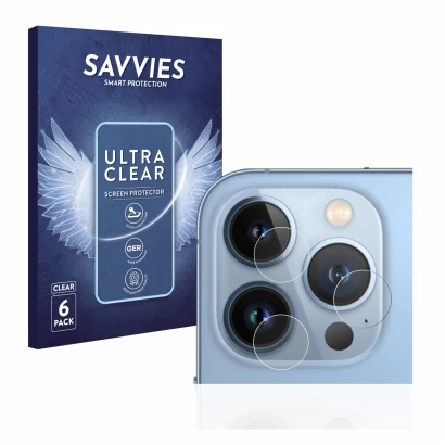Front side of a product packaging with the brand logo Savvies. Next to it is the device Apple iPhone 13 Pro Max (ONLY Camera L