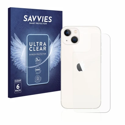 Front side of a product packaging with the brand logo Savvies. Next to it is the device Apple iPhone 13 (Back) shown with the 