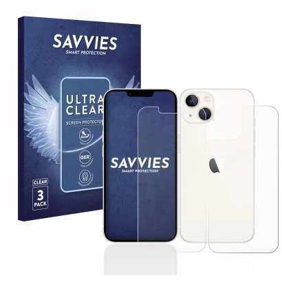 Front side of a product packaging with the brand logo Savvies. Next to it is the device Apple iPhone 13 (Front+Back) shown wit