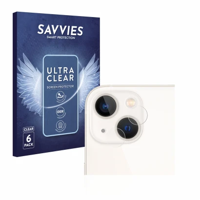 Front side of a product packaging with the brand logo Savvies. Next to it is the device Apple iPhone 13 (ONLY Camera Lens) sho