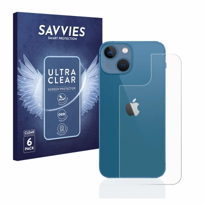 Front side of a product packaging with the brand logo Savvies. Next to it is the device Apple iPhone 13 mini (Back) shown with