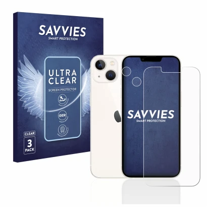 Front side of a product packaging with the brand logo Savvies. Next to it is the device Apple iPhone 13 (Front+Camera) shown w